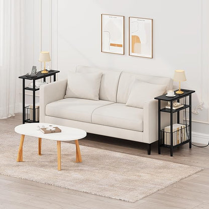 Vagusicc Narrow Side Table with Charging Station, 3-Tier Skinny Side End Table for Couch, Small End Tables for Small Spaces, 25.2" Tall Slim Nightstand Bedside Table for Living Room, Bedroom, Black