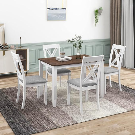 Ball & Cast 5-Piece Dining Table Set for 4,Kitchen Table Set W/ 44.5" Rectangle Table,Living Room Furniture W/ 4 X-Back Linen Upholstered Chairs,for Dining Room,Kitchen,Restaurant,Walnut+Light Beige