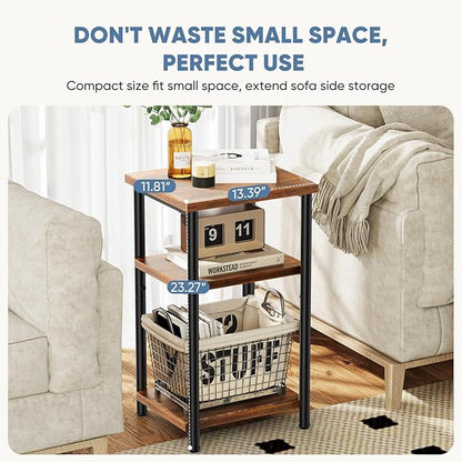 DUMOS End Table Small Side Sofa Tables 3 Tier Tall Nightstand Storage Shelf with Adjustable Feet for Living Room Bedroom Office, Brown