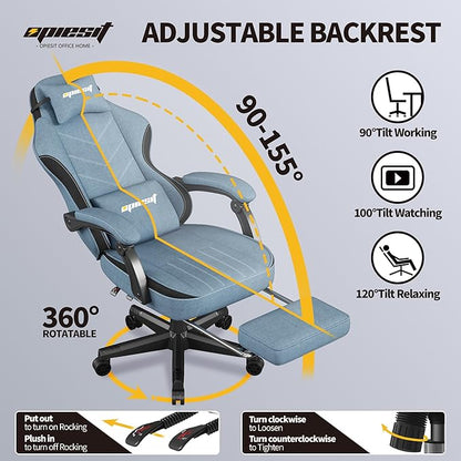 Gaming Chair,Fabric Computer Chair with Pocket Spring Cushion,400 lb Load Capacity,Ergonomic Office Chair with Footrest,Height Adjustable Video Gamer Chair with Lumbar Support (Blue)