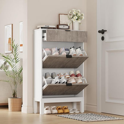GarveeHome Shoe Storage Cabinet with 2 Flip Drawers, Farmhouse Fluted Shoe Organizer with Metal Legs, Freestanding Hidden Slim Narrow Shoe Rack for Entryway, Foyer, Hallway