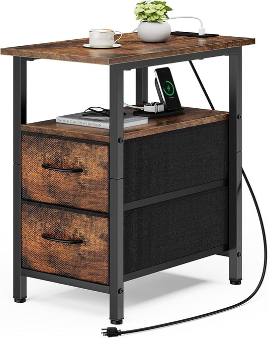 Vagusicc End Table with Charging Station, Narrow Side Table, 23.8'' Tall Nightstand with 2 Fabric Drawers, Small Sofa Side Table Narrow Nightstand for Small Spaces, Living Room, Bedroom, Rustic Brown