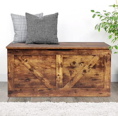 39.4" Storage Chest, Wooden Storage Bench, Large Storage Trunk with 2 Safety Hinges, Entryway Shoes Bench for Living Room, Bedroom, Rustic Brown