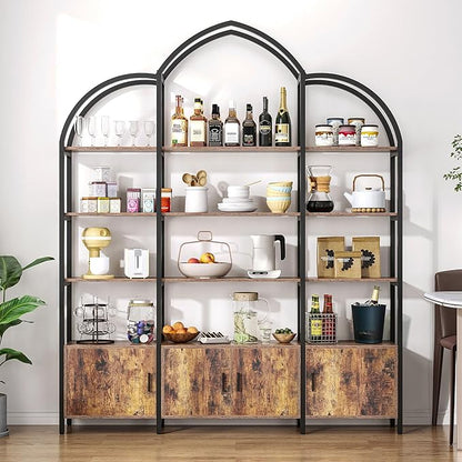 Triple Wide 5 Tier Tall Arched Bookshelf and Bookcase with 3 Cabinets, Industrial Metal Etagere Open Bookshelf, Rustic Wood Standing Book Shelf with Black Metal Frame for Bedroom Living Room
