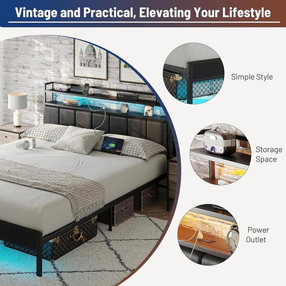 Twin Bed Frame with Headboard,Classic Metal Platform Bed Frame-LED Bed Frame with USB Charging Station,Mattress Foundatione-Under Bed Storage,No Box Spring Needed,Noise Free