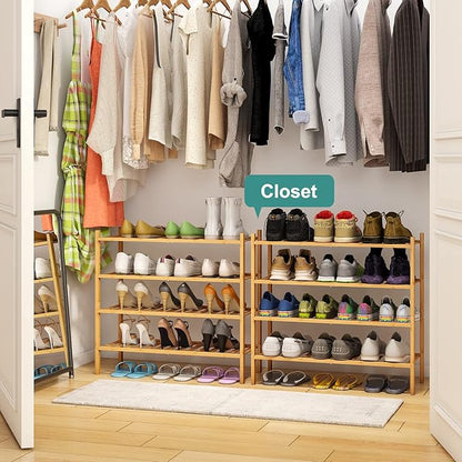 4-Tier Bamboo Shoe Rack for Entryway, Stackable | Foldable | Natural, Shoe Organizer for Hallway Closet, Free Standing Shoe Racks for Indoor Outdoor