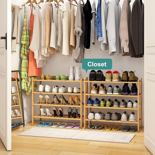 4-Tier Bamboo Shoe Rack for Entryway, Stackable | Foldable | Natural, Shoe Organizer for Hallway Closet, Free Standing Shoe Racks for Indoor Outdoor