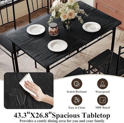 5 Piece Dining Table Set, Modern Metal&Wood Kitchen Dinner Table with 4 Chairs, Dining Room Table Sets for Small Spaces, Black