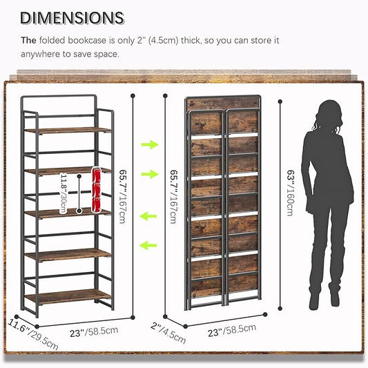 4NM No-Assembly 5 Tiers Folding Bookshelf Storage Shelves Vintage Bookcase Standing Racks Study Organizer Home Office (Rustic Brown Black)