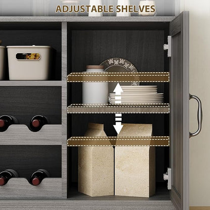 47" Farmhouse Buffet Sideboard Cabinet with Power Outlets Coffee Bar Cabinet with Storage, Large Buffet Storage Cabinet Table with Wine Racks, Goblet Holder, Hooks for Kitchen, Dining Room, Grey