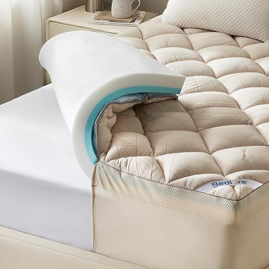 Bedlore 4-Inch California King Mattress Topper for Back Pain - Dual Layer Medium Support (2" Gel Memory Foam + 2" Cooling Fluffy Pillow Top Pad), Breathable & Pressure Relief (Beige)