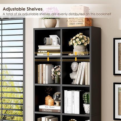 FOTOSOK 71'' Tall Bookshelf, Double Wide Media Tower Rack CD DVD Rack Display Cabinet with Adjustable Shelves, Tall Narrow Bookcase Black Bookshelf for Home Office, Black