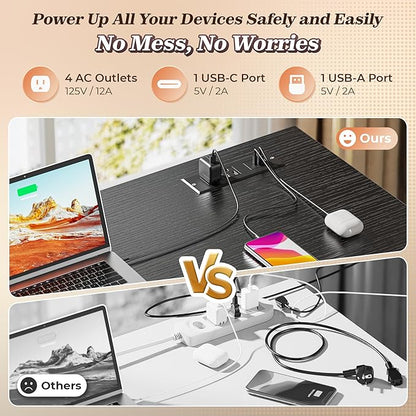 PRAISUN 43.3" Small Computer Desk with Power Outlets and USB-C Port, Reversible L Shaped Corner Office Desk with 4 Fabric Drawers and 2 Height-Adjustable Shelves, for Gaming Writing, Black