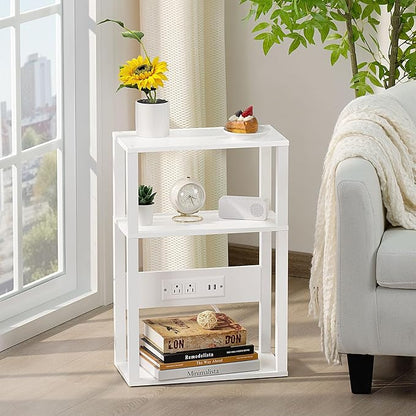3-Tier Small Narrow Wood Side Table Set of 2 with Charging Station - Skinny Nightstand for Small Spaces, Slim Bedside Table with USB Ports and Outlets - Thin End Table with Storage, White