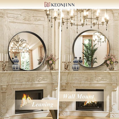 Keonjinn Black Round Mirror 24 Inch, Brushed Black Framed Circle Mirror for Bathroom, Aluminum Alloy Metal Frame, Modern Farmhouse Decorative Wall Mirror for Entryway, Living Room