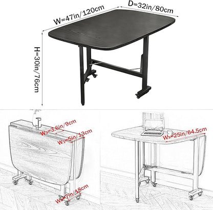 Multifunction Table Drop Leaf Dining Table - 47" Wooden Foldable Kitchen Table with 6 Wheels (Black)