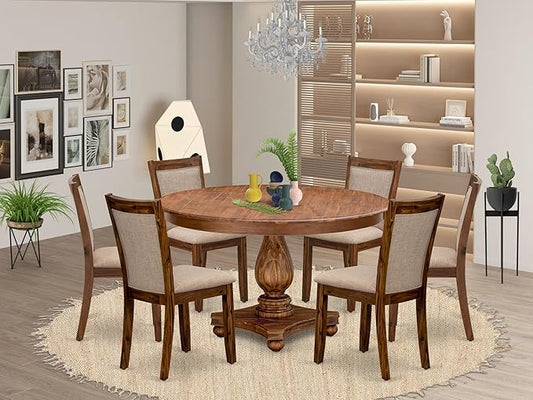 F2MZ7-50N-04 7-Pc Wooden Dining Set Includes a Pedestal Table and 6 Light Tan Polyester Parson Chairs with Padded Back - Antique Walnut