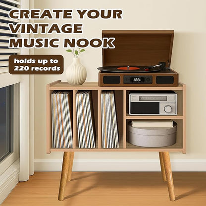 Record Player Stand with Vinyl Storage, Wooden Record Player Table with 5 Cabinet, Large Vinyl Record Player Stand, Record Player Holder, Record Player Shelf for Office Living Room, Oak