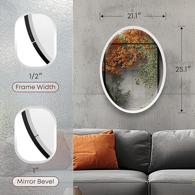 OVALCREST - Oval Wooden Beveled Wall Mirror for Home Decor, Bathroom, Vanity, Bedroom, Living Room, Hallway - London Style (Linen White) 21.1 x 25.1