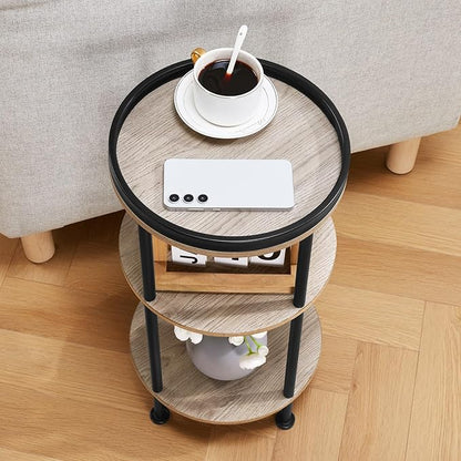 Side Table, Small Round Side Table for Small Spaces, 3-Tier Round Accent Table Slim Side Table, Modern Sofa End Table Corner Table for Living Room Nightstand Bedroom (Oak)