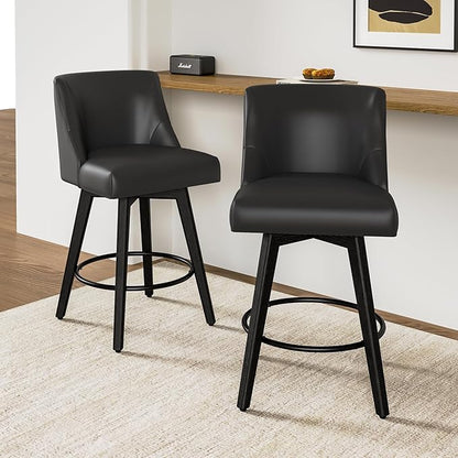 26.8 Inch Counter Height Bar Stools with Back, Swivel Bar Stools Set of 2, Modern Kitchen Barstools with Footrest, Faux Leather Upholstered Bar Chairs, Solid Wood Legs for Island, Pub, Black