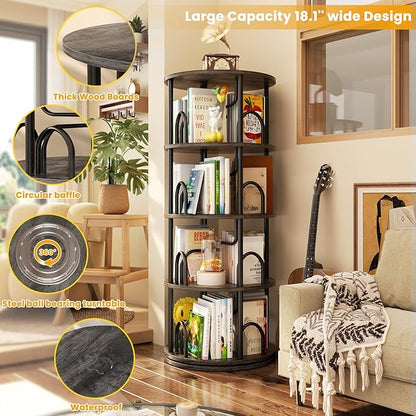 Aheaplus 4 Tier Rotating Bookshelf Tower, 360 Display Spinning Bookcase, Revolving Round Book Shelf Narrow Swivel Bookshelf, Vertical Turning Corner Book Organizer for Small Space, Black Oak