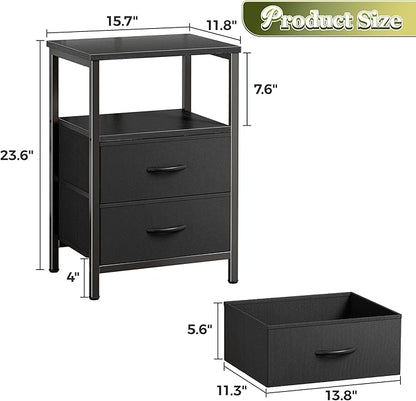 Huuger Night Stand with 2 Drawers, Bed Side Table with Open Shelf, Wooden Top, Nightstand for Bedroom, End Table for Small Space, Fabric Drawer, Black