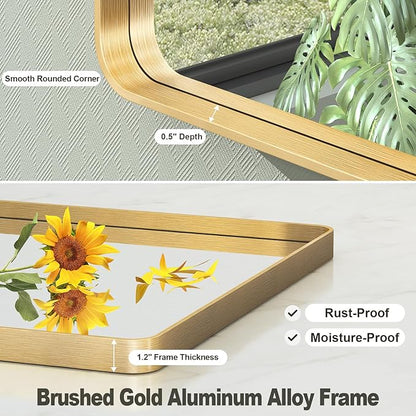 55x36 Inch Gold Framed Bathroom Mirror, Rectangle Brushed Gold Metal Vanity Mirror, Large Modern Mirror for Wall, Rounded Corner, Tempered Glass, Anti-Rust, Shatterproof (Horizontal/Vertical)