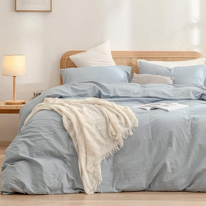 BESTOUCH Duvet Cover Set 100% Washed Cotton Linen Feel Super Soft Comfortable Chic Lightweight 3 PCs Home Bedding Set Solid Cornflower Blue Full/Double