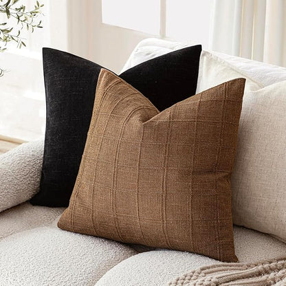 Foindtower Set of 2 Decorative Linen Check Throw Pillow Covers Neutral Farmhouse Vintage Cushion Covers Modern Boho Home Decor for Sofa Chair Couch Bedroom Living Room Outdoor,18×18 Inch,Brown Hazel