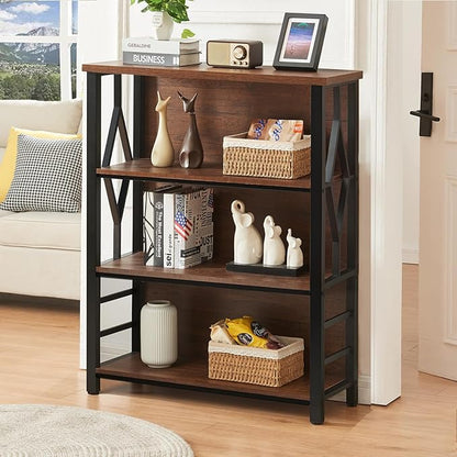 HOMISSUE Bookshelf, 4-Tier Rustic Short Bookshelf, Industrial Shelf Bookcase with Engineered Wood Shelves, Low Bookcase with Storage, Small Shelf for Living Room, Bedroom and Office, Rustic Brown