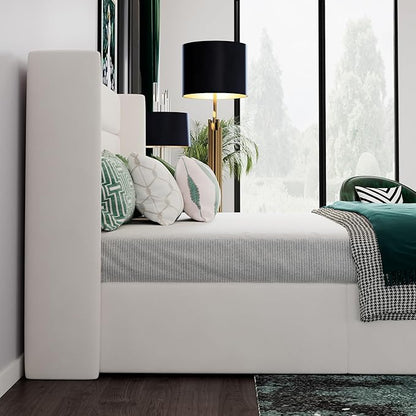 SHA CERLIN Full Size Lift Up Storage Bed/Velvet Upholstered/Modern Wingback Headboard/Upholstered Platform Bed Frame/Hydraulic Storage/No Box Spring Needed/White