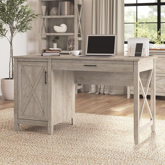 Bush Furniture Key West Computer Desk Farmhouse PC Table for Home Office, 54W w/Storage, Washed Gray
