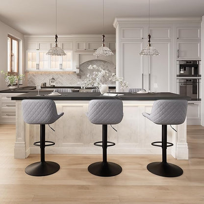YOUNIKE Grey Bar Stools Set of 2 Kitchen Counter Height Barstools with Backs Modern Swivel Faux Leather Padded Bar Chairs Tall Adjustable Stools for Breakfast Island