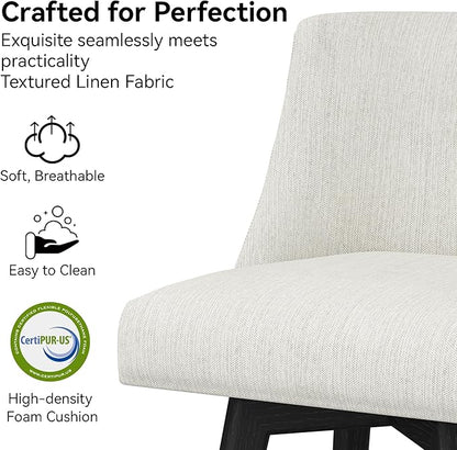 Counter Height Bar Stools Set of 2, Modern Swivel Barstools with Back and Wood Legs, Linen Fabric Upholstered Counter Height Stools, 26" H Kitchen Island Stools, Home Bar, Pub, Ivory