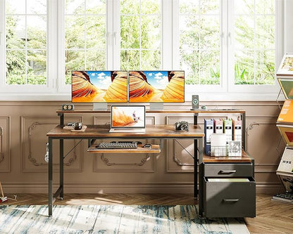AODK Computer Desk with Drawers and Keyboard Tray, 55" Office Desk with Power Outlet and LED Lights, Reversible Study Work Desk with Printer Shelf and PC Stand for Home Office, Vintage
