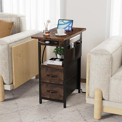 Small Side Table with Charging Station, Narrow Nightstand Bedside Tables with Storage Pocket for Living Room Bedroom, Sofa End Table with USB Ports and Power Outlets for Small Spaces