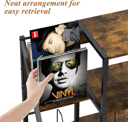 Large Record Player Stand Vintage Record Stand-Large Vintage Record Player Table with Power Outlet and LED Light,Record Storage Rack with Vinyl Display Shelf for Up to 300 Albums