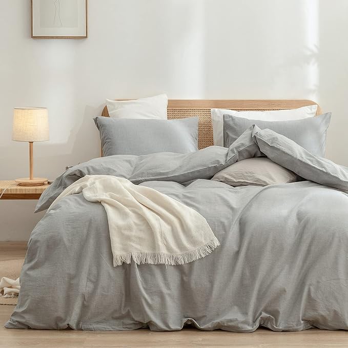BESTOUCH Duvet Cover Set 100% Washed Cotton Linen Feel Super Soft Comfortable Chic Lightweight 3 PCs Home Bedding Set Solid Light Grey Super Queen