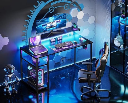 MOTPK 40 Inch Small Gaming Desk with Storage & Led Lights, Computer Desk with Power Outlet & Shelf, Reversible Gamer Desk with Adjustable Monitor Stand, Carbon Fiber Texture Black