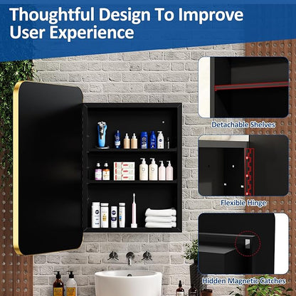 24x30 Inch Bathroom Medicine Cabinet with Mirror Gold Metal Framed Recessed or Surface Wall Mounted Mirrored Medicine Cabinets for Bathroom