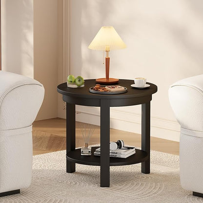 Small Round Wood Coffee Table with Storage Shelf, Living Room Side Table for Couch Sofa, 22 x 20 Inches, 3-Tier Mid Century Modern Wooden End Table for Bedroom, Black