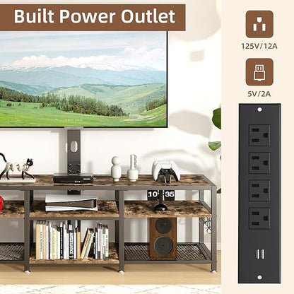 VECELO 63" TV Stand with Mount and Power Outlets, Entertainment Center Console with Open Storage Shelves, Height Adjustable Mount up to 75”, Wooden Table and Metal Frame for Living Room, Rustic Brown