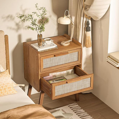 Lerliuo Rattan Nightstands Set of 2, Boho Night Stand with 2 Drawers, Cane Accent Side End Table, Bedside Table with Solid Wood Legs for Bedroom, Dorm and Small Spaces (Tea Brown)