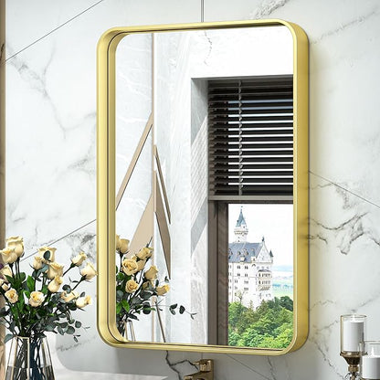 TokeShimi 16x24 Gold Bathroom Wall Mirror Vanity Metal Frame Round Corner Rectangular for Home Decor Living Room Entryway (Horizontal/Vertical)