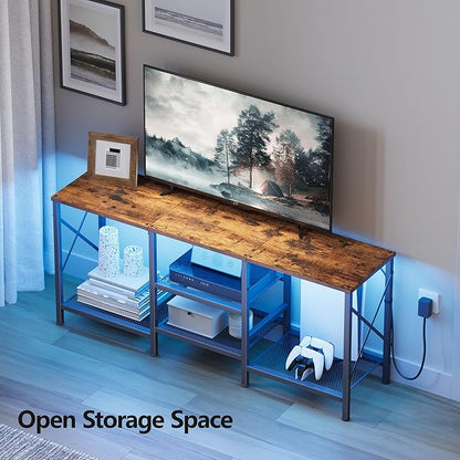 TV Stand with LED Lights for 55 Inch TV, Entertainment Center with 3-Tier Open Shelves, TV Console Table for Living Room, Bedroom, Rustic Brown