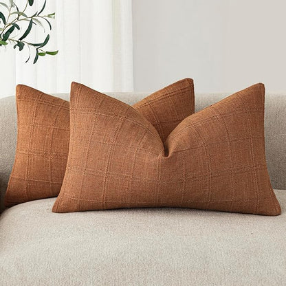 Foindtower Set of 2 Decorative Linen Check Throw Pillow Covers Neutral Farmhouse Lumbar Cushion Covers Modern Boho Home Decor for Sofa Chair Couch Bedroom Living Room Outdoor,12×20 Inch,Orange
