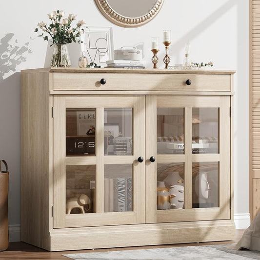GarveeHome 35.4" Sideboard Buffet Cabinets with Glass Door, Buffet Cabinet with Storage, Oak Sideboard Cabinet with Drawer, Modern Buffets & Sideboards for Dining Room, Kitchen