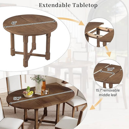 Merax 5-Piece Extendable Dining Table and 4 Upholstered Chairs, Round Oval Dining Table Set for 4, Wood MDF Kitchen Table Set with Removable Leaf for Dining Room, 42" to 58" (Brown)