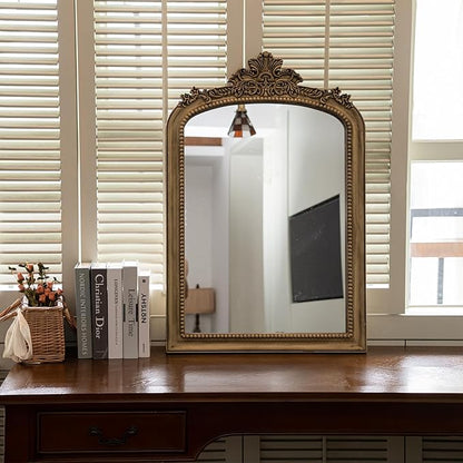Distressed Vintage Gold Wall Mirror - 24x36 inch, Large Antique Fireplace Mantle Mirror, Baroque Ornate Decorative Bathroom Mirror | Solid Wood Pine